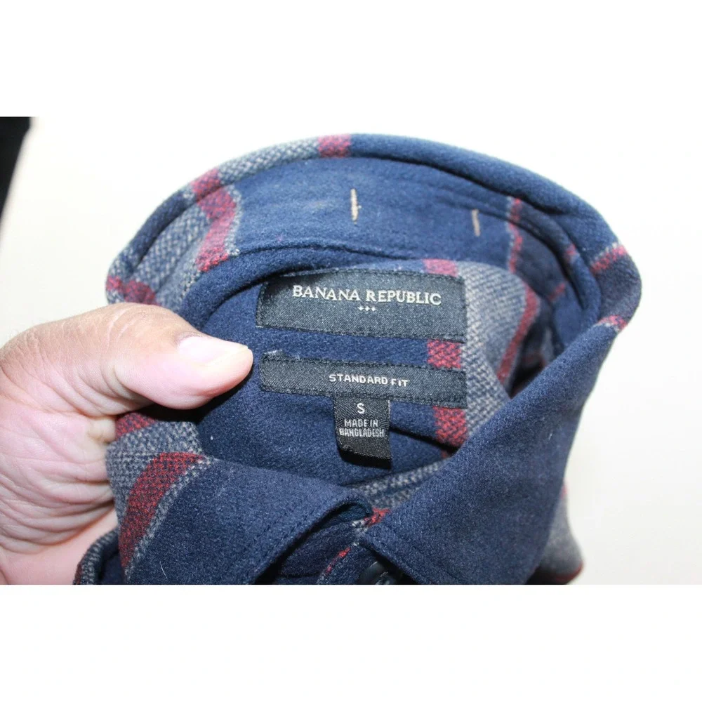 Banana Republic Flannel Shirt Mens Small Navy Blue Excellent Striped Wool Blend